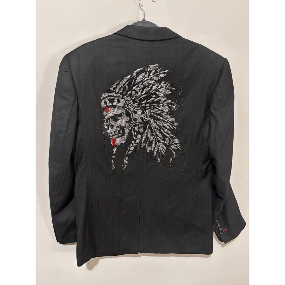 Artine Smoking Jacket Blazer Mens Size L Black Rhinestone Skull Decoration